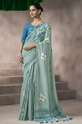 sky blue cotton blend woven pallu tassels casaul wear saree