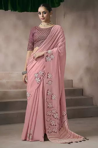 baby pink cotton blend woven pallu tassels casaul wear saree