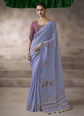lavender blue cotton blend woven pallu tassels casaul wear saree 1