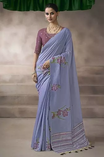 lavender blue cotton blend woven pallu tassels casaul wear saree