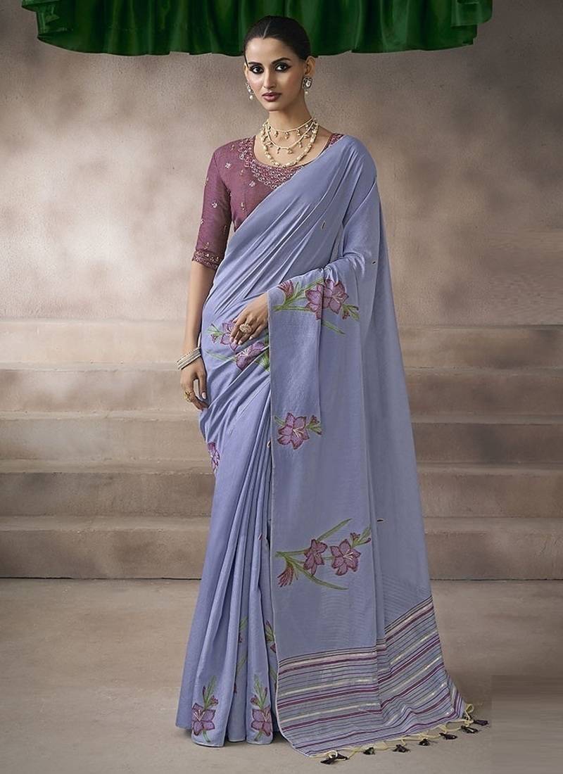 lavender blue cotton blend woven pallu tassels casaul wear saree