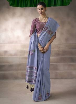 lavender blue cotton blend woven pallu tassels casaul wear saree 2