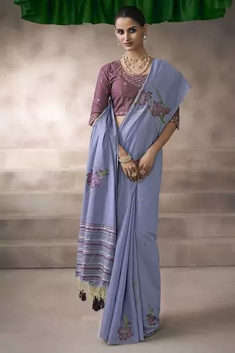 lavender blue cotton blend woven pallu tassels casaul wear saree