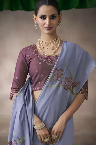 lavender blue cotton blend woven pallu tassels casaul wear saree