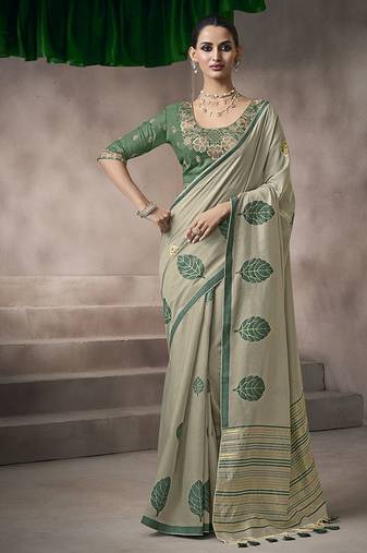 gray cotton blend woven pallu tassels casaul  wear saree