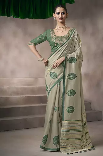 gray cotton blend woven pallu tassels casaul  wear saree