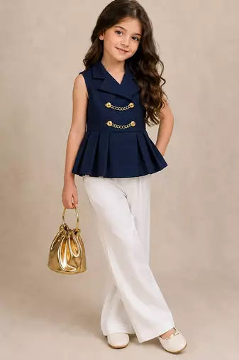 Blue and white embroidered imported crepe co ord set