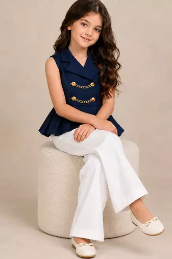 Blue and white embroidered imported crepe co ord set