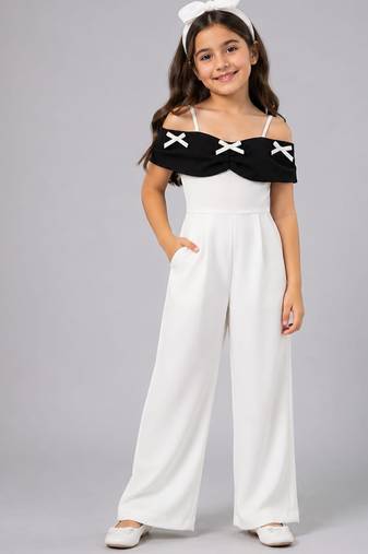 White and black embroidered imported crepe jumpsuit