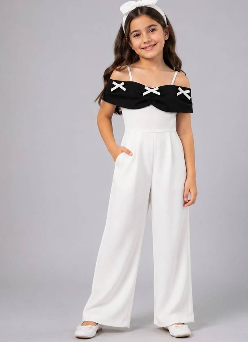 White and black embroidered imported crepe jumpsuit