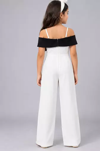 White and black embroidered imported crepe jumpsuit