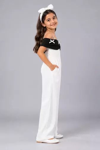 White and black embroidered imported crepe jumpsuit