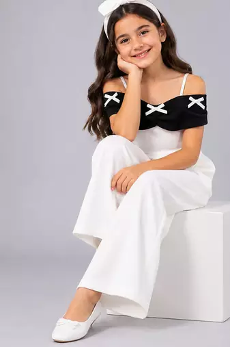 White and black embroidered imported crepe jumpsuit