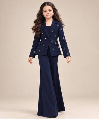 Deep blue embroidered imported crepe coat and pant set 1