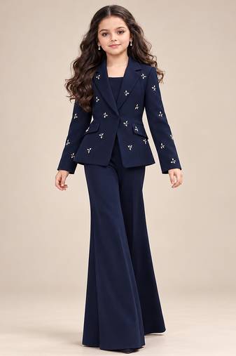 Deep blue embroidered imported crepe coat and pant set