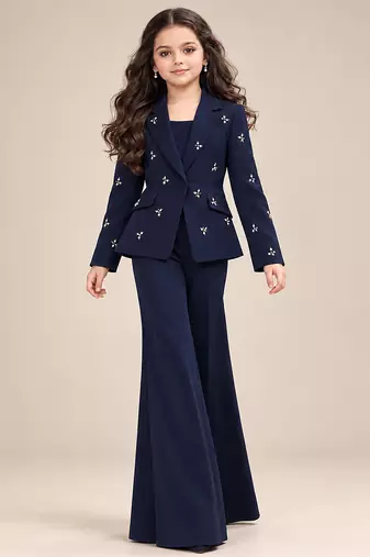 Deep blue embroidered imported crepe coat and pant set
