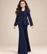 Deep blue embroidered imported crepe coat and pant set