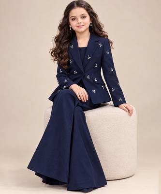 Deep blue embroidered imported crepe coat and pant set 2