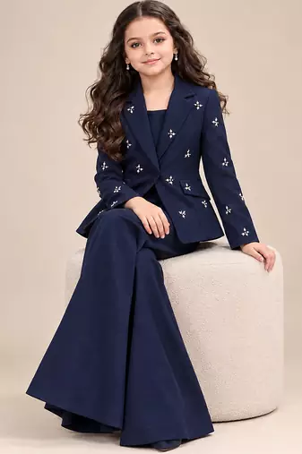Deep blue embroidered imported crepe coat and pant set