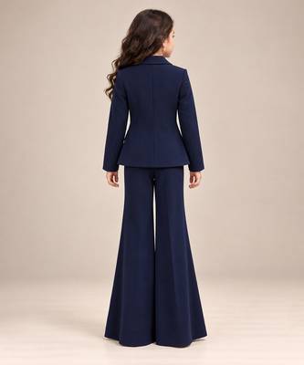 Deep blue embroidered imported crepe coat and pant set 3