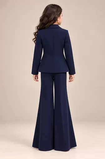 Deep blue embroidered imported crepe coat and pant set