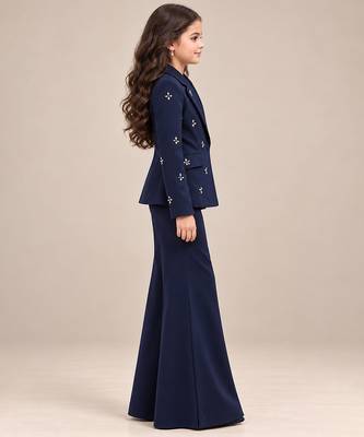 Deep blue embroidered imported crepe coat and pant set 4