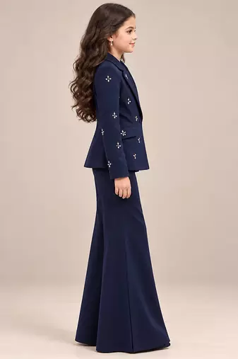 Deep blue embroidered imported crepe coat and pant set