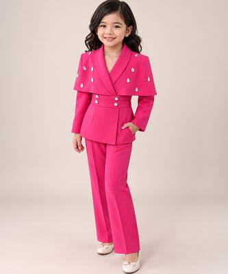 Hot pink embroidered imported crepe coat and pant set 1