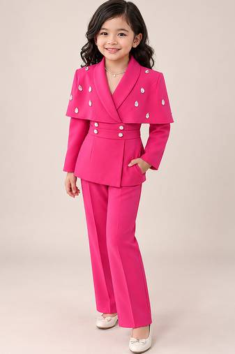 Hot pink embroidered imported crepe coat and pant set