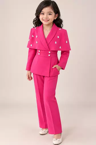 Hot pink embroidered imported crepe coat and pant set