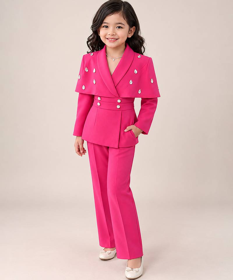 Hot pink embroidered imported crepe coat and pant set