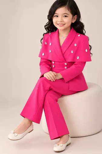 Hot pink embroidered imported crepe coat and pant set