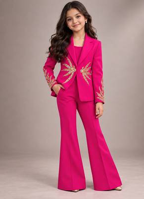 Hot pink embroidered imported crepe coat and pant set 1