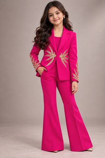 Hot pink embroidered imported crepe coat and pant set