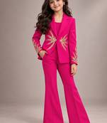Hot pink embroidered imported crepe coat and pant set