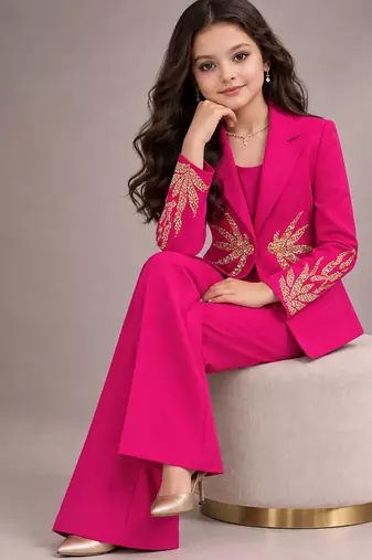 Hot pink embroidered imported crepe coat and pant set