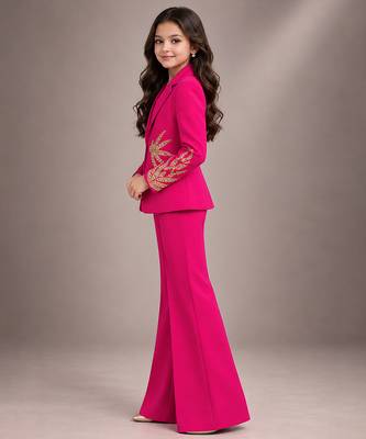 Hot pink embroidered imported crepe coat and pant set 3