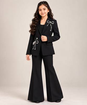 Black embroidered imported crepe coat and pant set 1
