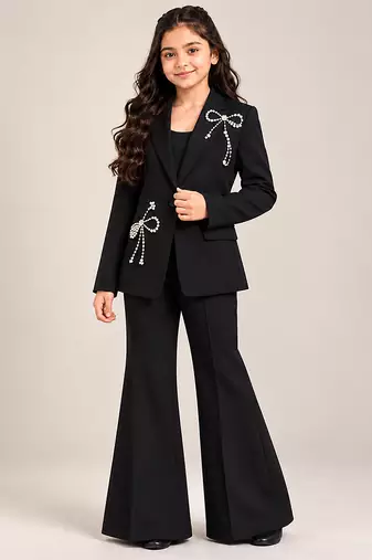 Black embroidered imported crepe coat and pant set