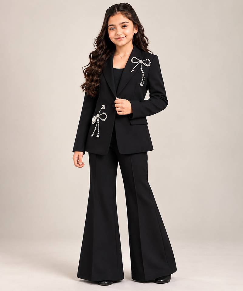 Black embroidered imported crepe coat and pant set