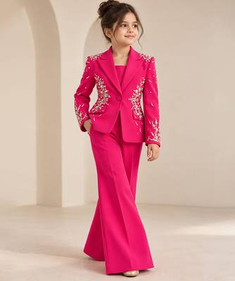 Hot pink embroidered imported crepe coat and pant set 1