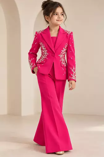 Hot pink embroidered imported crepe coat and pant set