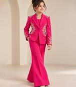 Hot pink embroidered imported crepe coat and pant set