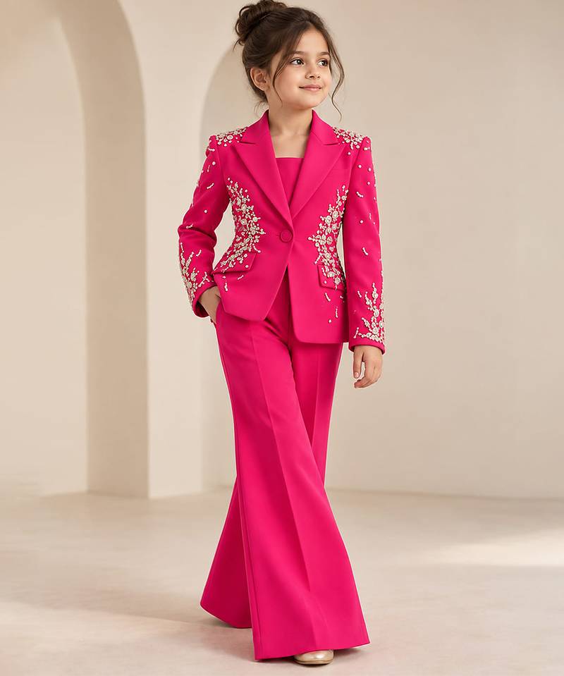 Hot pink embroidered imported crepe coat and pant set