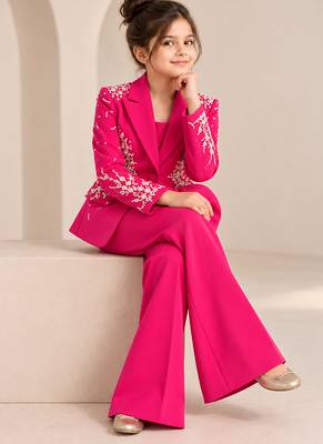 Hot pink embroidered imported crepe coat and pant set 2