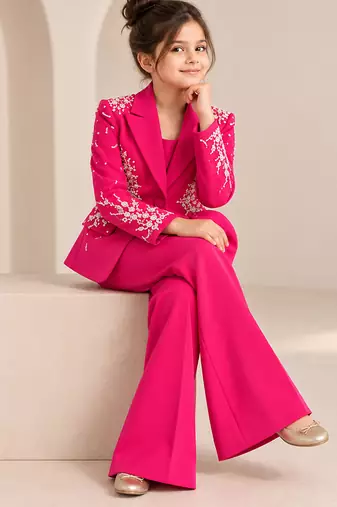 Hot pink embroidered imported crepe coat and pant set