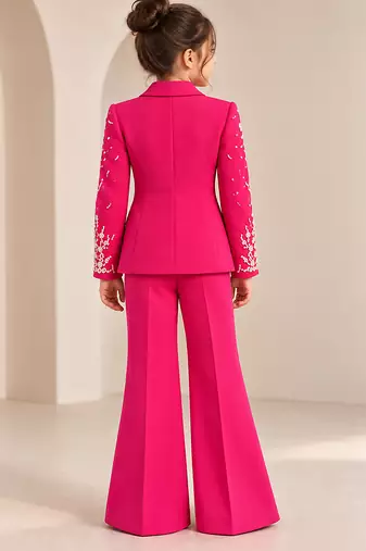 Hot pink embroidered imported crepe coat and pant set