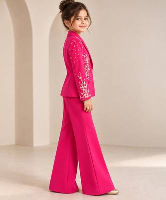 Hot pink embroidered imported crepe coat and pant set 4
