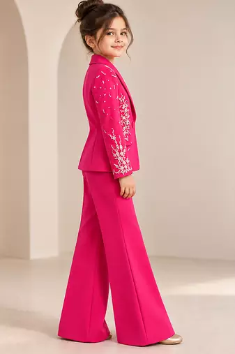 Hot pink embroidered imported crepe coat and pant set
