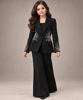 Black embroidered imported crepe coat and pant set 1